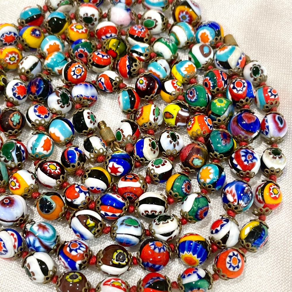 Vintage Italian Murano Millefiori Venetian Red Hand Knotted Glass Bead Necklace